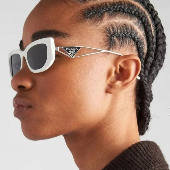 Prada PR14YS 1425S0 Sunglasses Talc Dark Grey Rectangle Women - Picture 1 of 15
